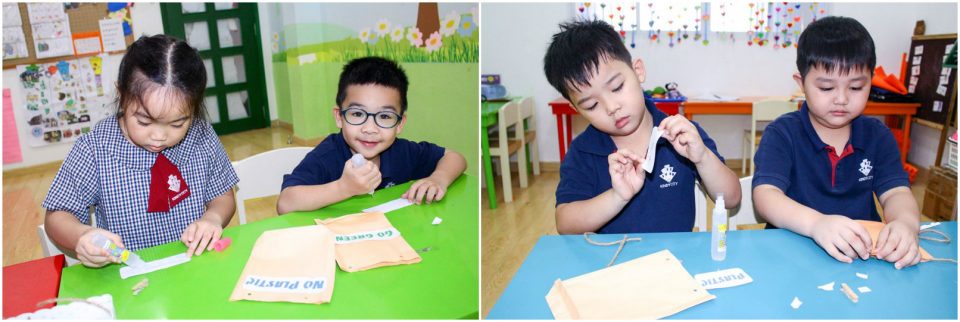 Học sinh Kindy City làm túi giấy thay thế túi Nylon