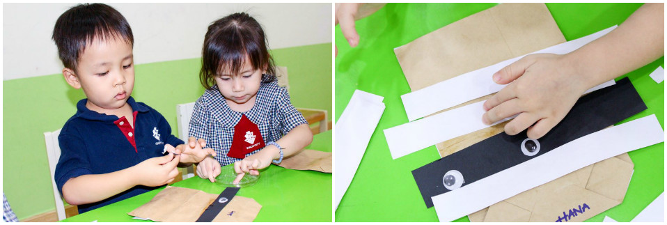 Học sinh Kindy City làm túi giấy thay thế túi Nylon