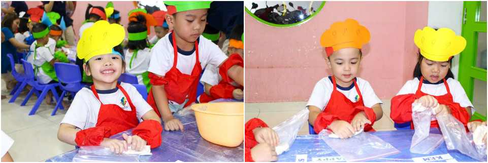 Các bé tham gia hoạt động làm bánh mì mô phỏng tên mình.